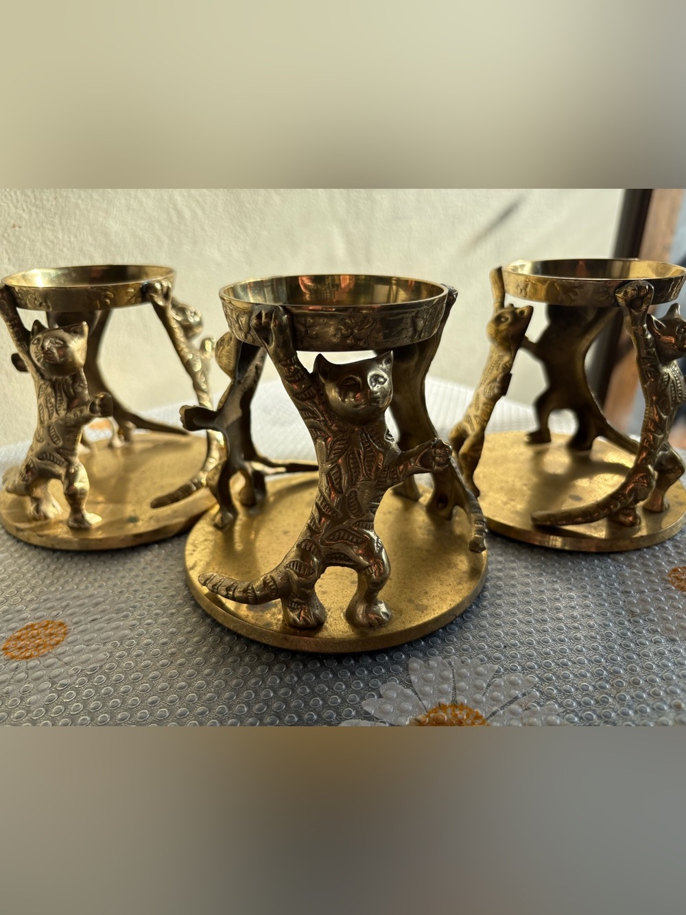 Vintage Brass Three-Cat Decorative Stand / Candle Holder